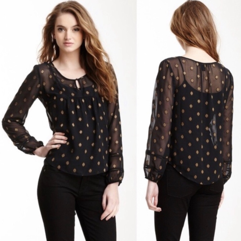 Lucky Brand Black with Gold Detail Sheer Peasant Top Size Sm